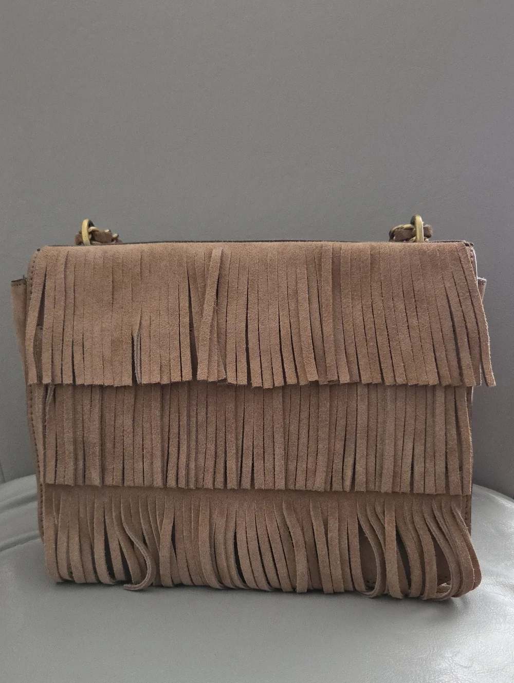 Tory Burch Taupe Fringe Suede Shoulder Bag